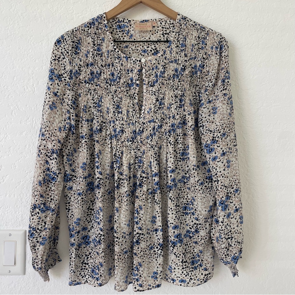 Rungolee Womens Alissa Blouse Silk Size S Smocked Long Sleeve Mocha Poppy Fields